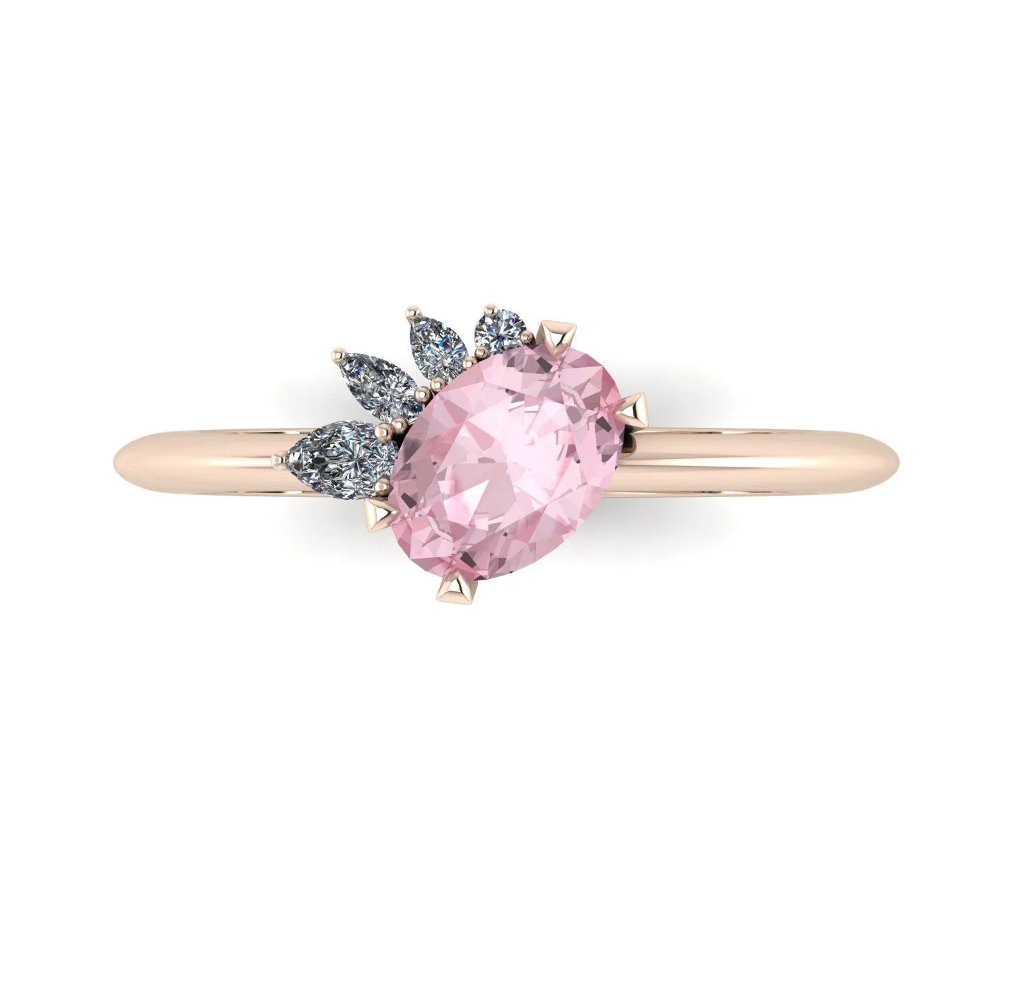 High angle studio detail shot of the Selene alternative engagement ring, showcasing the exceptional clarity and soft pink light reflections within the morganite and contrasting diamond facets.