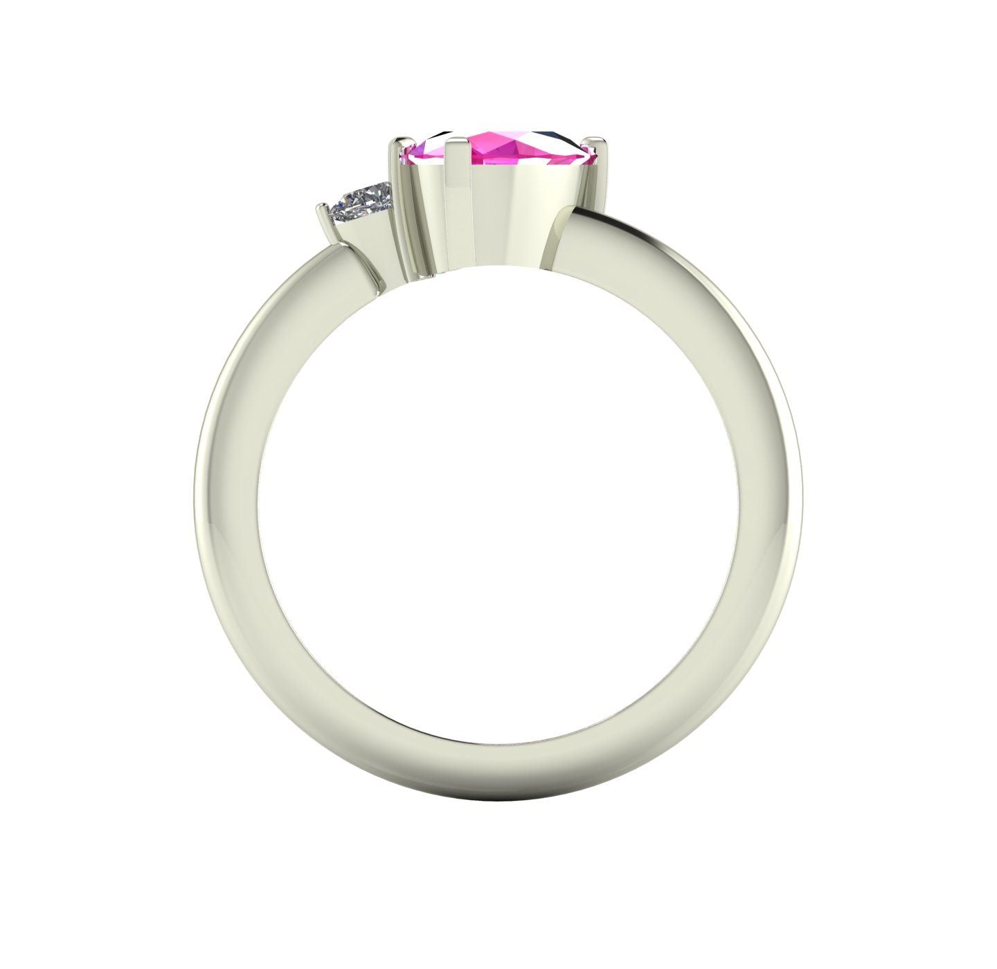 Selene oval pink sapphire and diamond engagement ring in white gold side profile showing setting height and slim polished band