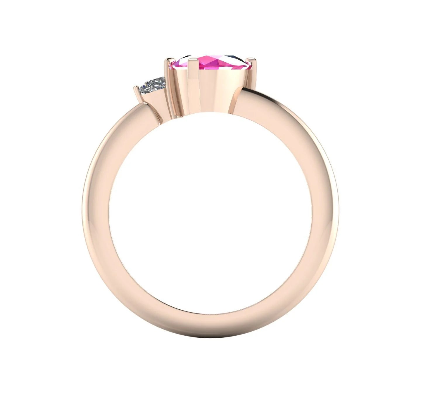 Through-finger view of the 18ct rose gold cluster ring, showing the clean interior structure and intricate under-gallery supporting the pink sapphire.