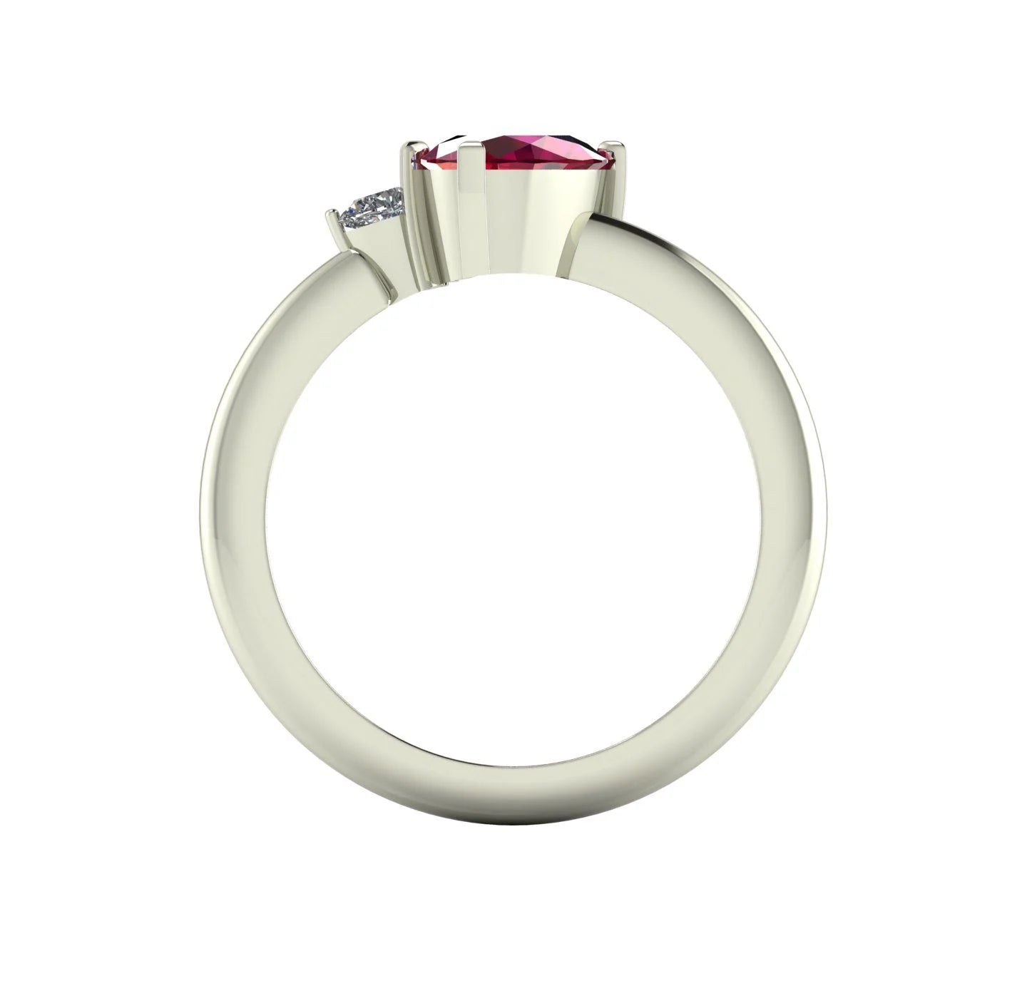 Selene oval ruby and diamond engagement ring in 18ct white gold side profile showing setting height and slim polished band