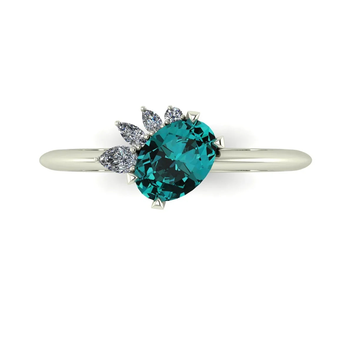 Selene oval teal sapphire and diamond asymmetric cluster engagement ring in 18ct white gold or platinum, top-down view showing the vivid teal sapphire and asymmetric diamond cluster, handmade in our London studio