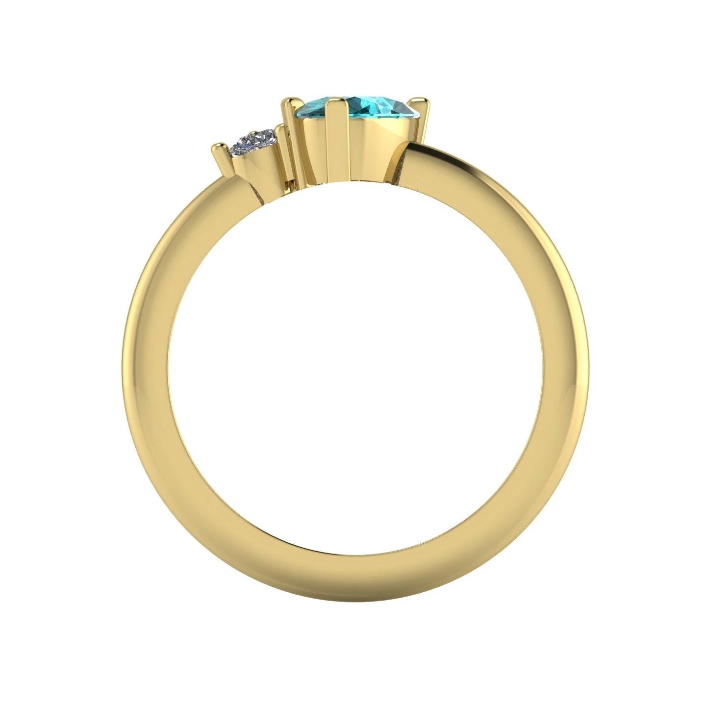 Selene oval teal sapphire and diamond engagement ring in 18ct yellow gold through-finger view showing clean interior structure and polished band