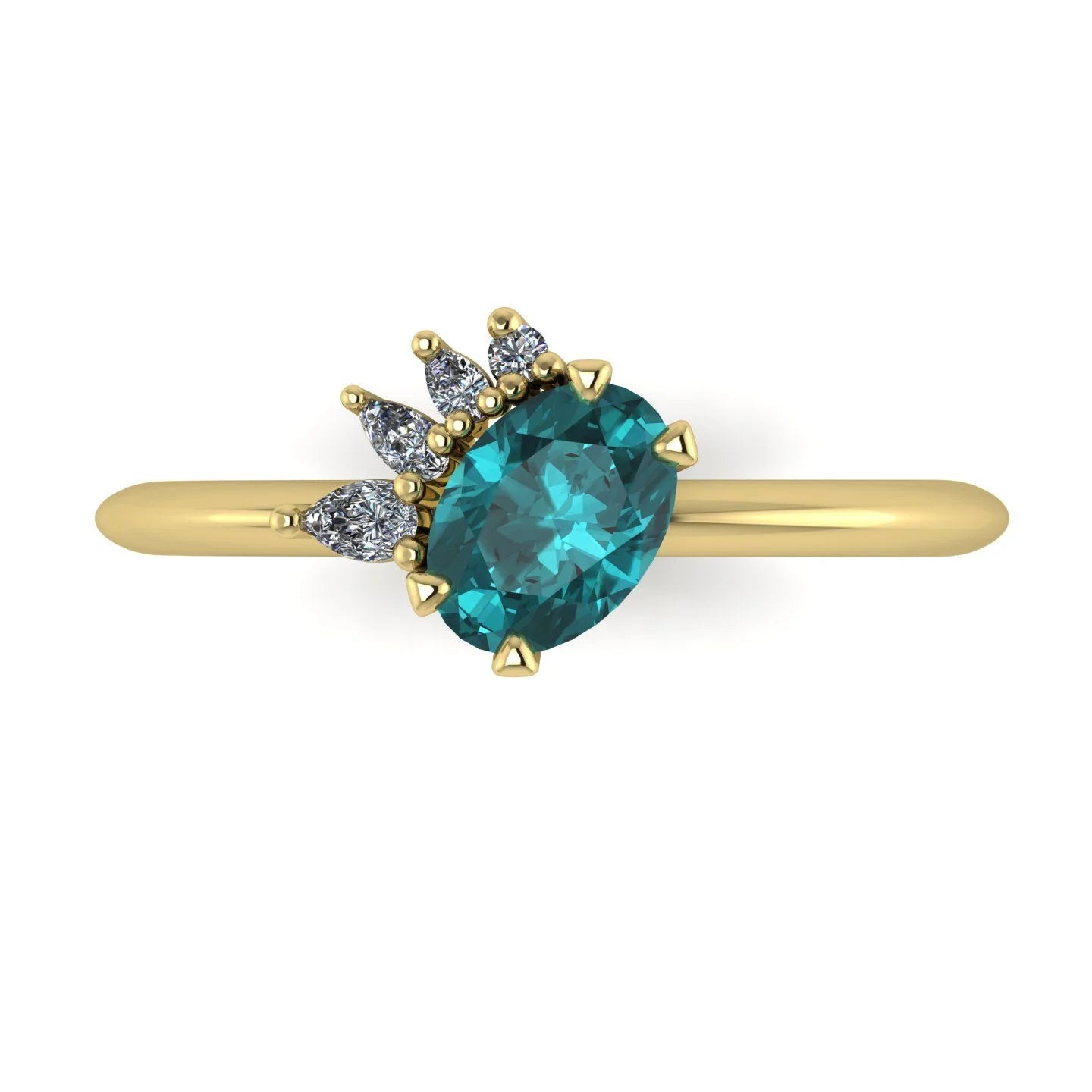 Selene oval teal sapphire and diamond engagement ring in 18ct yellow gold top-down view showing vivid teal sapphire and asymmetric pear diamond cluster