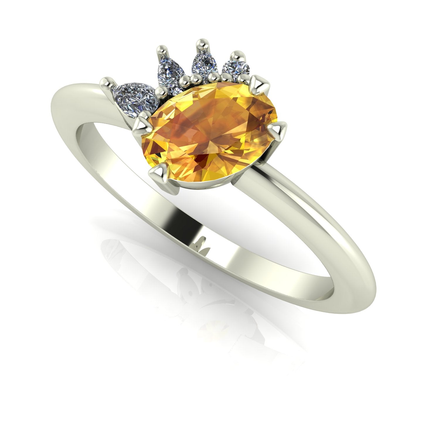 Front three-quarter studio view of the Selene yellow sapphire ring, highlighting the unique, organic layout of the cluster diamonds against the white gold or platinum shoulders.