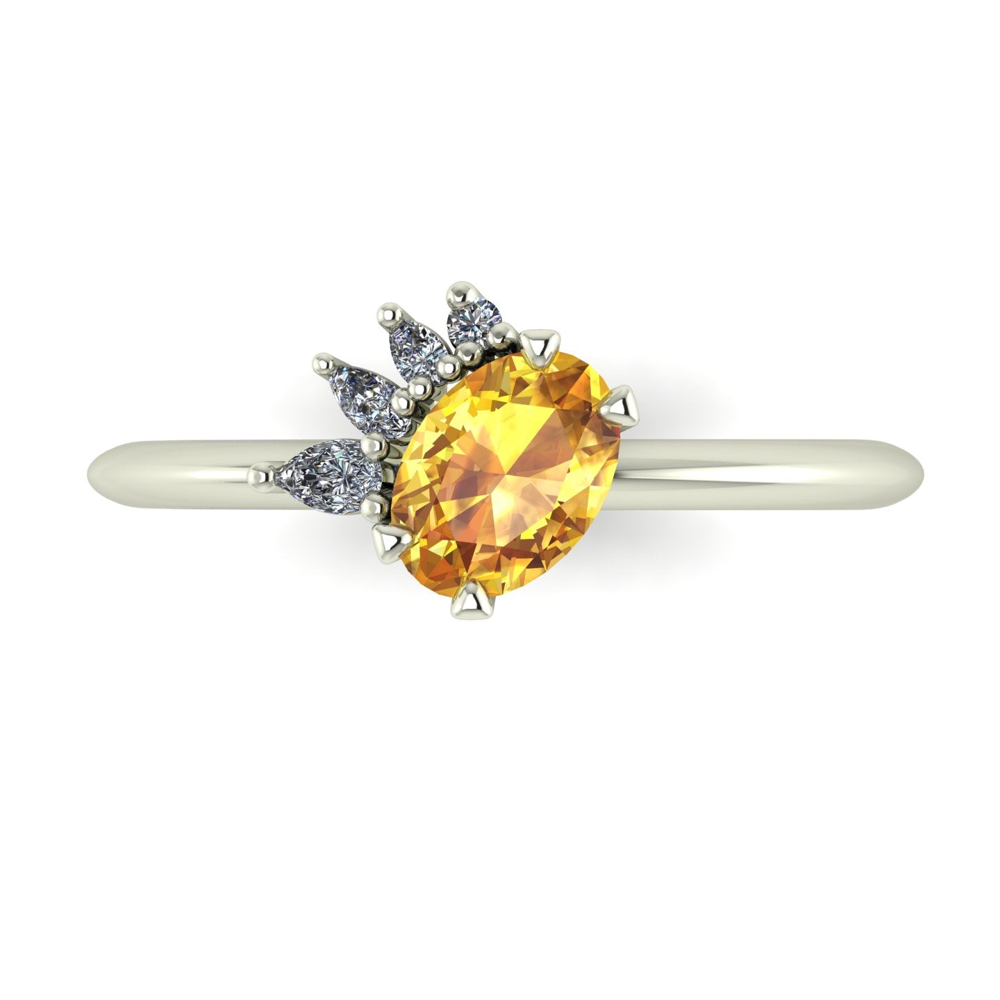 High angle studio detail shot of the Selene alternative engagement ring, showcasing the vivid golden depth of the sapphire contrasting with the bright white metal and diamond facets.