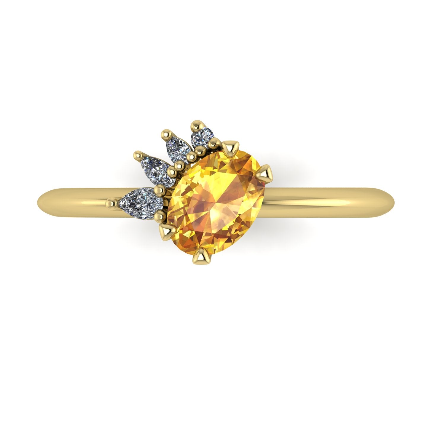 High angle studio detail shot of the Selene alternative engagement ring, showcasing the rich golden depths and exceptional light reflection across the sapphire and diamond facets.