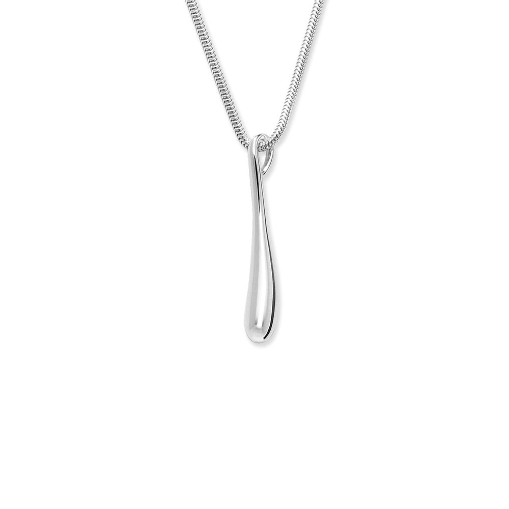 Short Single Drop Pendant in sterling silver — white background showing polished elongated droplet on snake chain