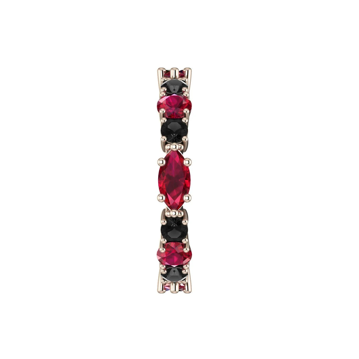 Detailed macro view of the rose gold claws securely holding the marquise-cut rubies and round black diamonds.