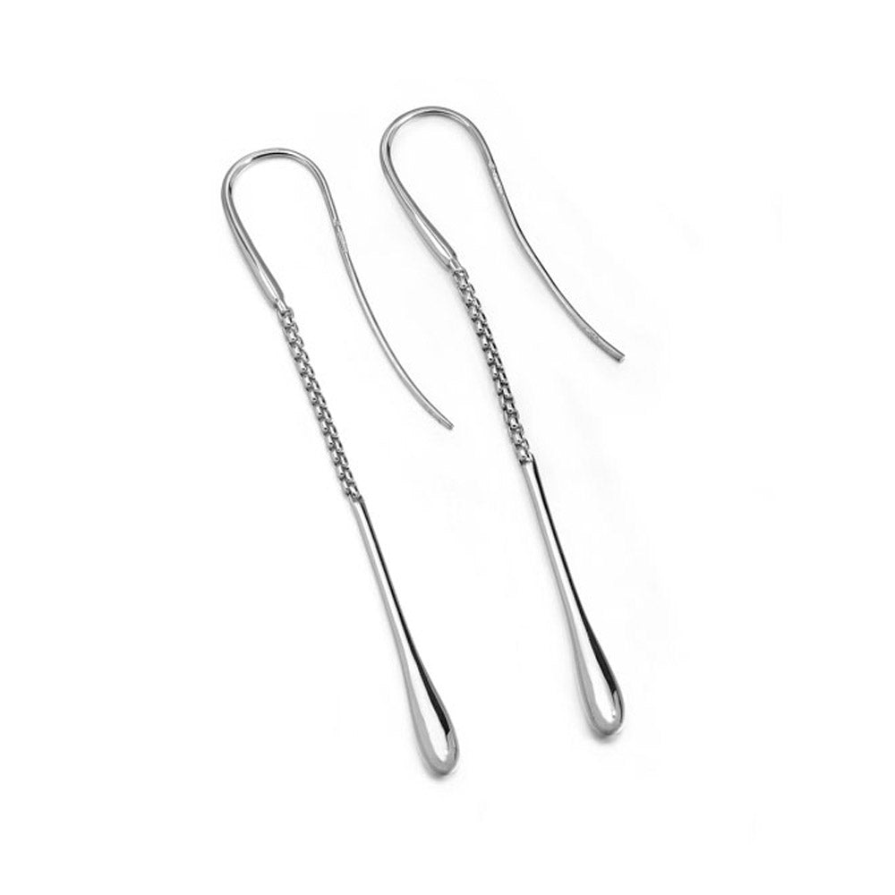Silver Drop Earrings in sterling silver — pair on white background showing full 8cm chain threader and tapered droplet