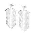 Front view of handmade silver falling earrings showing the movement of the chain and droplets.