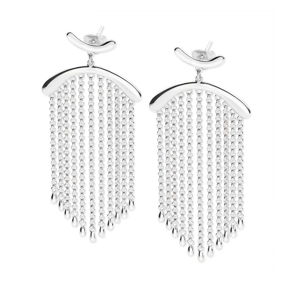 Front view of handmade silver falling earrings showing the movement of the chain and droplets.