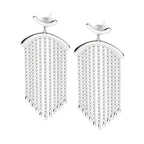 Pair of sterling silver Falling Earrings with curved stud tops and polished arched bars supporting eleven cascading droplet-tipped chains.
