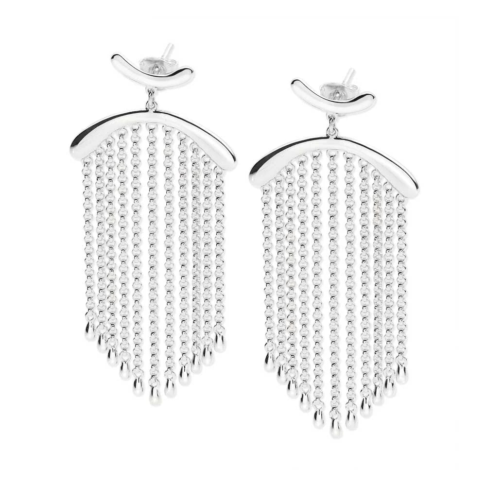 Pair of sterling silver Falling Earrings with curved stud tops and polished arched bars supporting eleven cascading droplet-tipped chains.