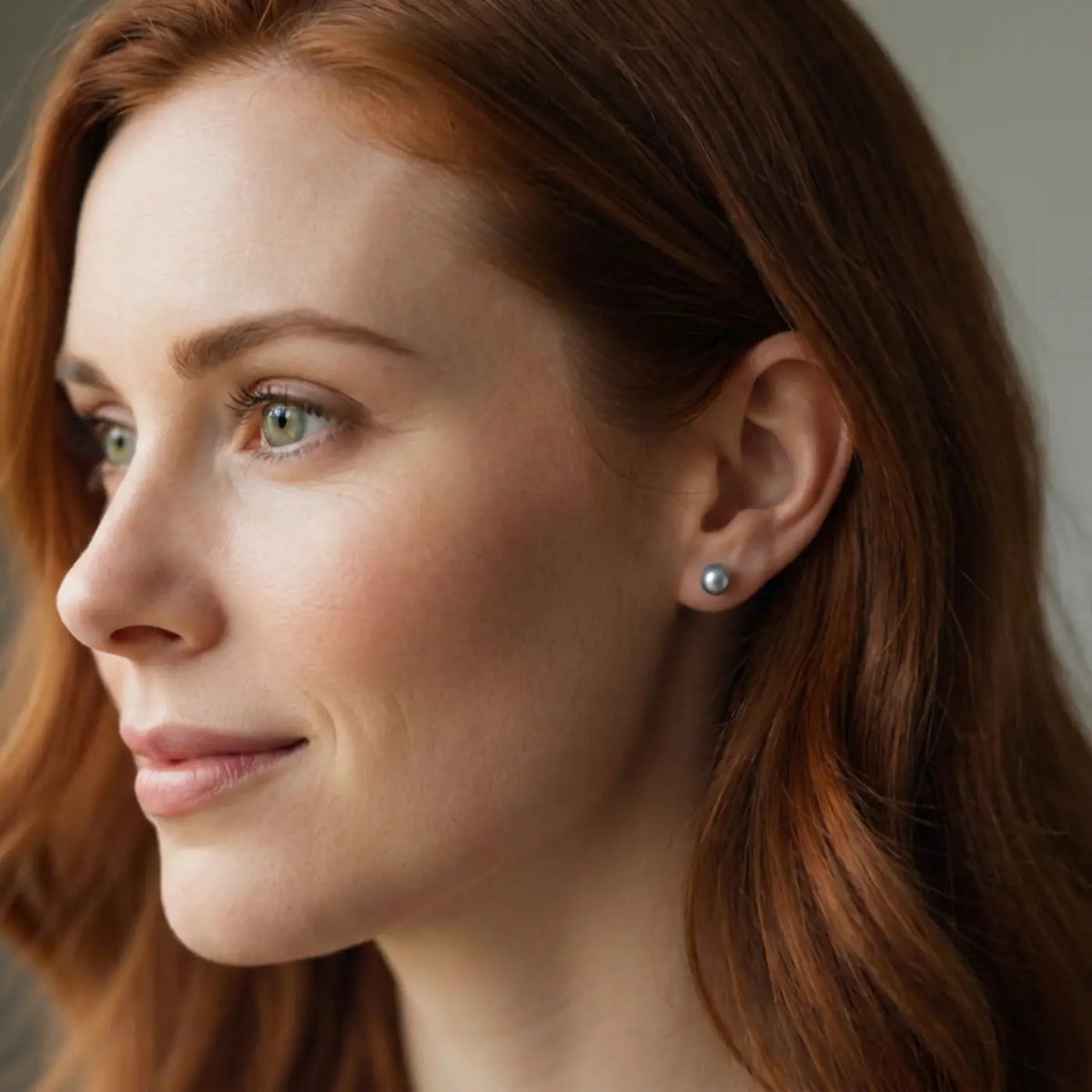 Model wearing silver-grey freshwater pearl stud earrings with sterling silver fittings by Nude Jewellery.