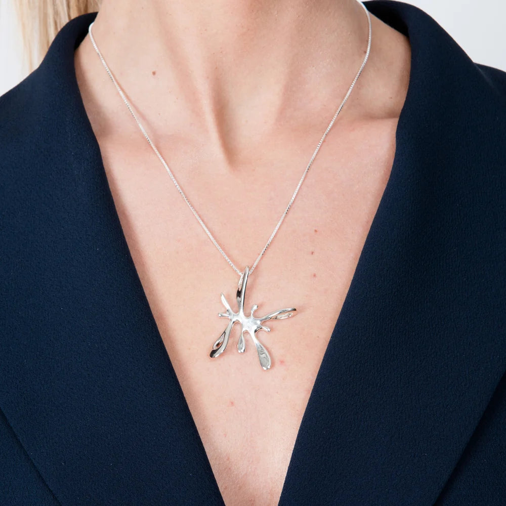 Sterling silver Splat pendant on a delicate chain, close up on model image.