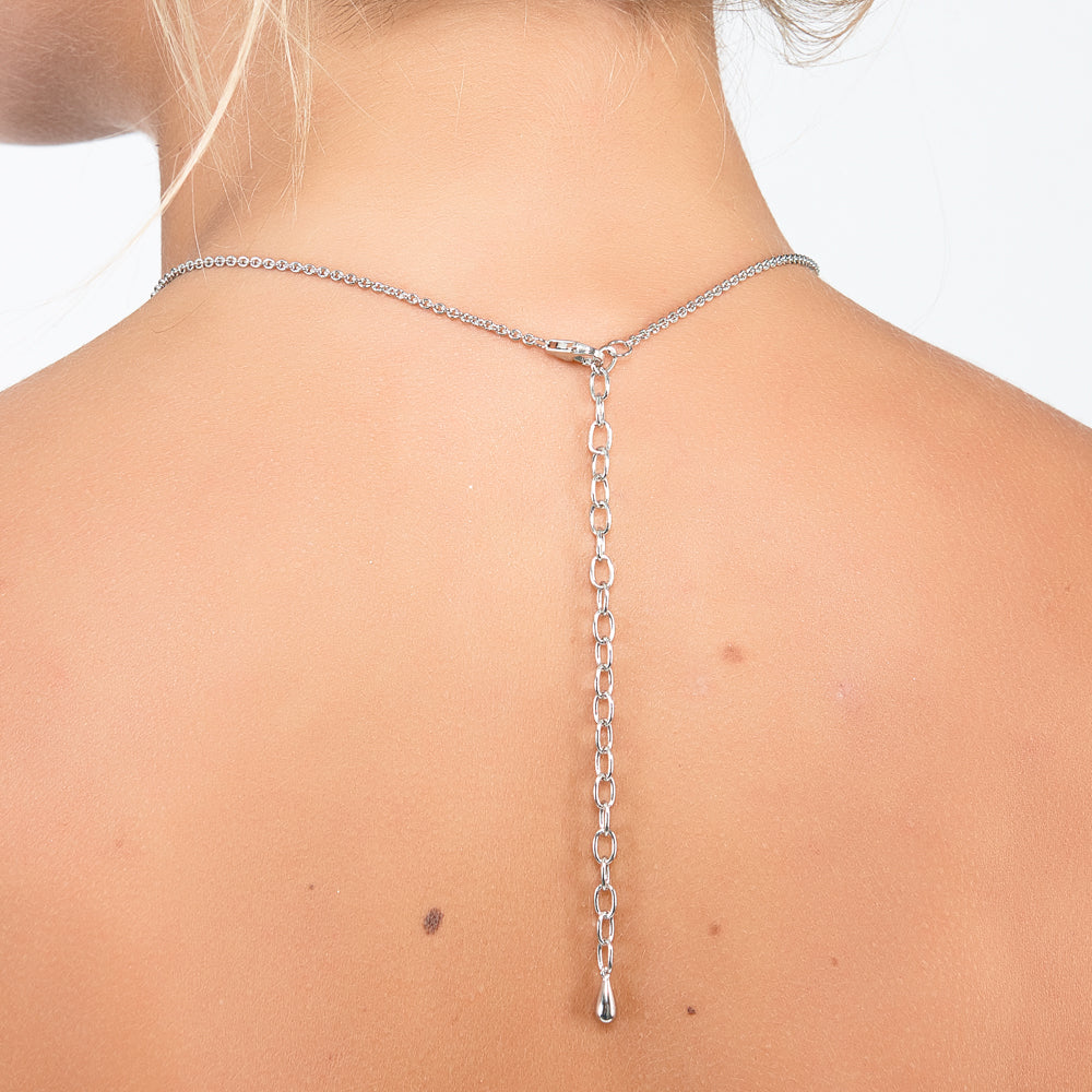 Back view of a sterling silver V-shaped waterfall necklace with 9 delicate hanging droplets.