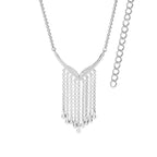 Front view of a sterling silver V-shaped waterfall necklace with 9 delicate hanging droplets.