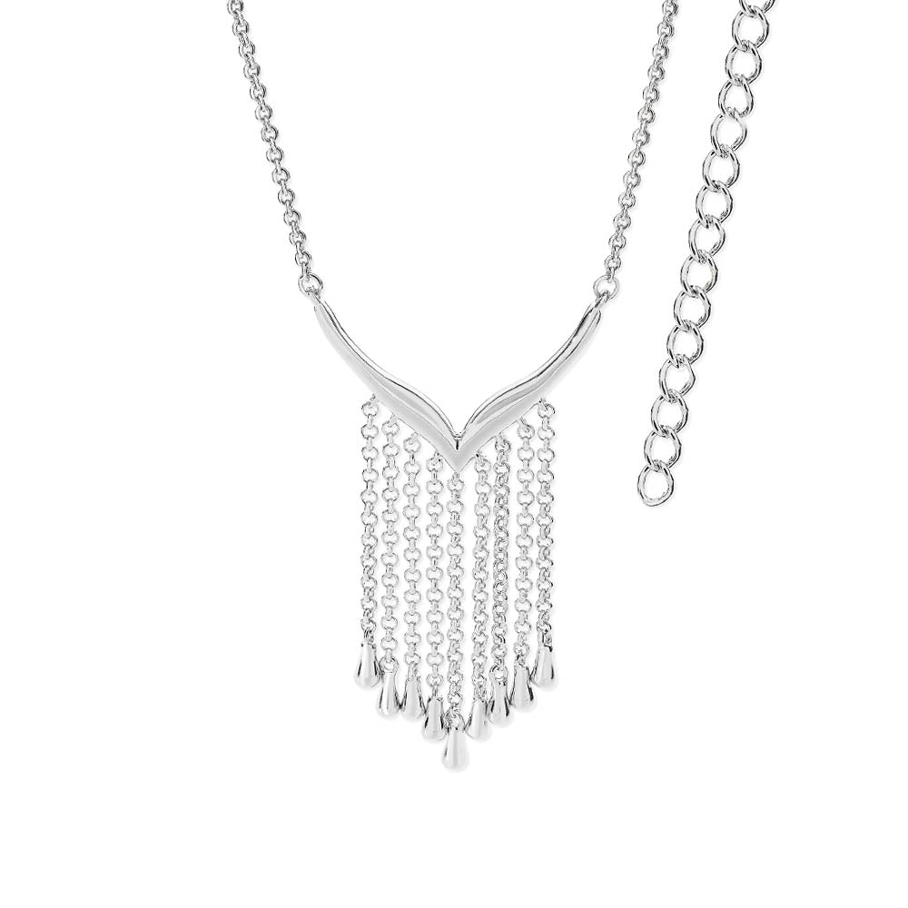Front view of a sterling silver V-shaped waterfall necklace with 9 delicate hanging droplets.