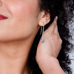 Solid Drop Earrings in sterling silver — model close-up showing single earring worn, full 4.5cm drop visible
