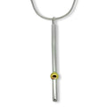A front-facing view of the Solis bar pendant, showing the vertical, minimalist recycled silver bar with a single 9ct gold sphere positioned at the base.