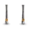 Pair of silver cylindrical earrings with gold accents on a white background