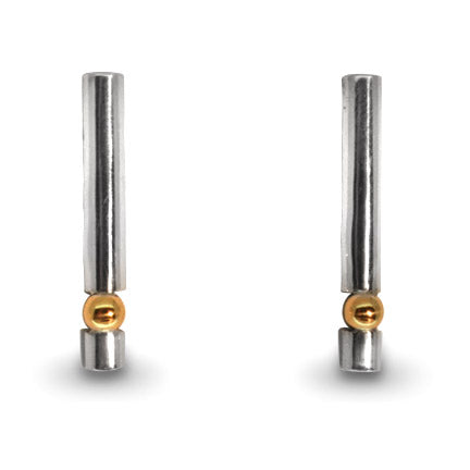 Pair of silver cylindrical earrings with gold accents on a white background