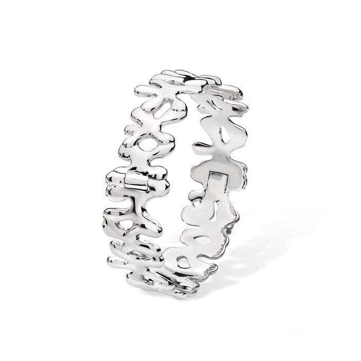 Front view of the handcrafted Splash silver bangle, featuring a wide, fluid wave design in polished sterling silver.