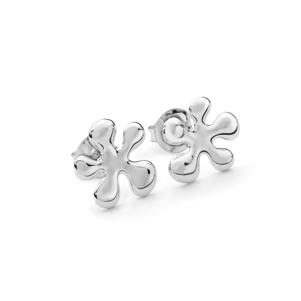 A pair of handmade sterling silver Splat stud earrings on a clean white background, showing the unique organic design.