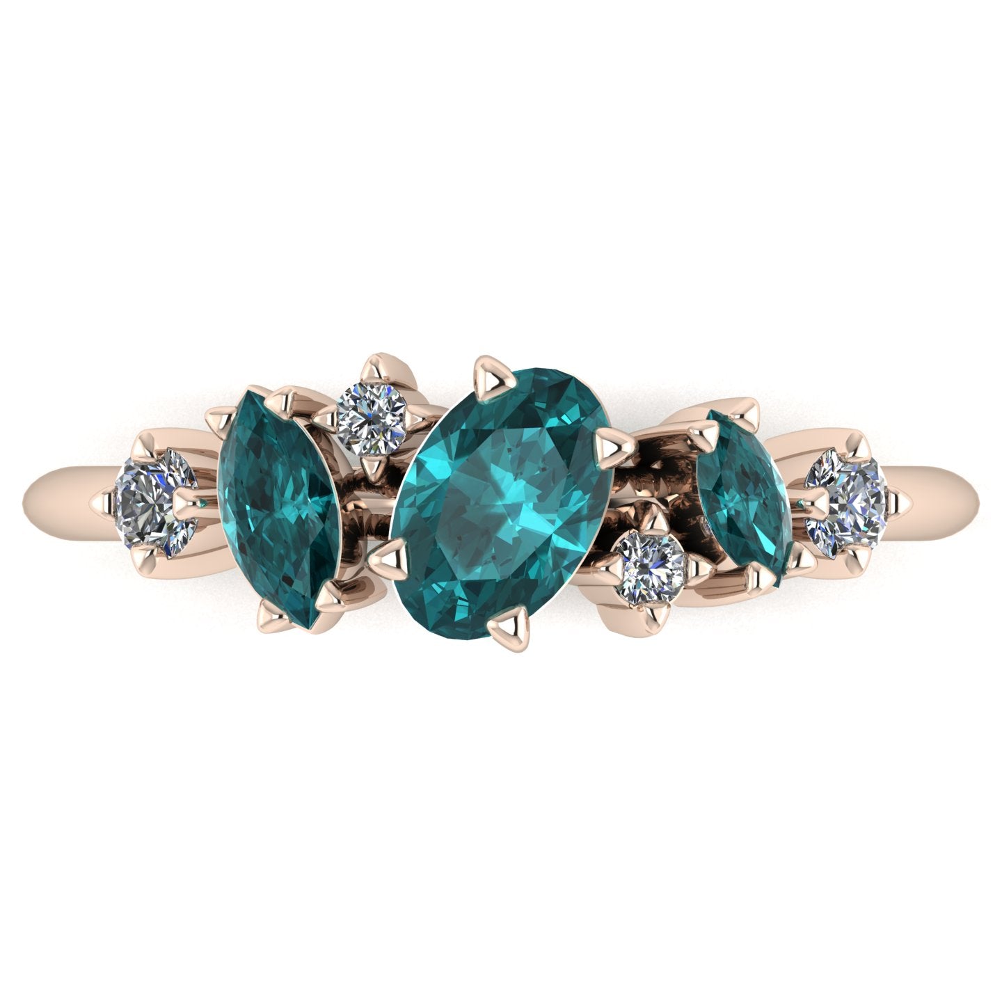 Front view of the Atlantis Paradise ring featuring a central teal sapphire and asymmetrical diamonds set in a polished 9ct rose gold band.