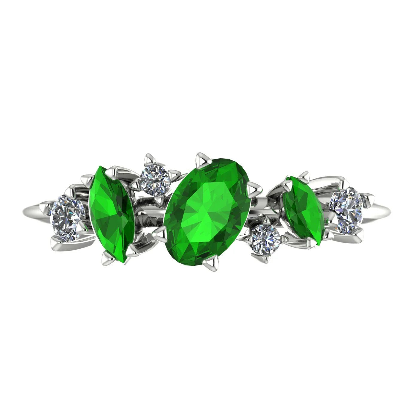 Top view of the Atlantis Paradise ring in 18ct white gold or platinum, featuring a vibrant green tsavorite garnet and an asymmetrical diamond cluster.