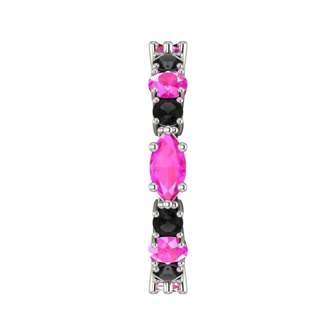 Top view of an unusual pink sapphire and black diamond eternity ring available in platinum