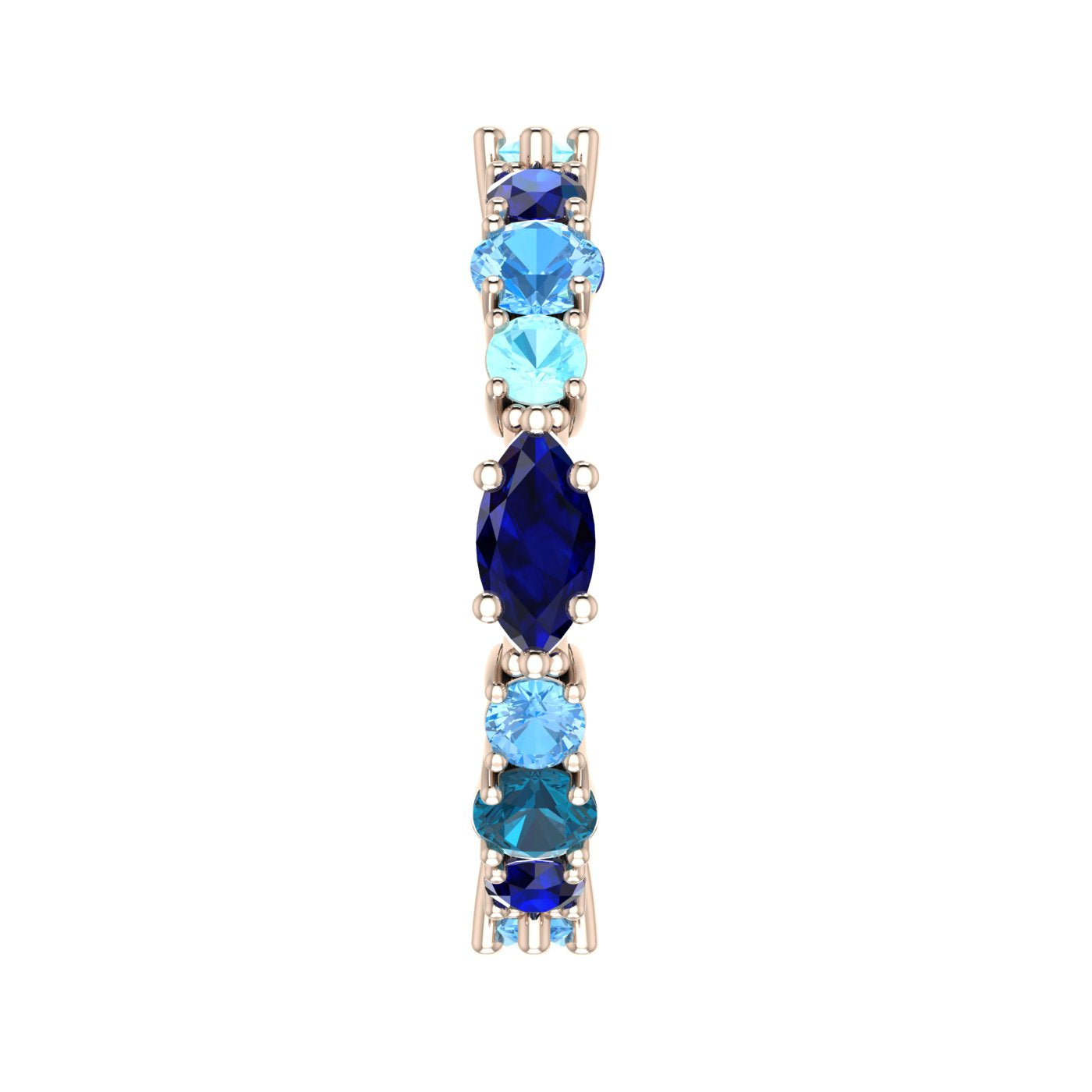 Unusual blue gemstone eternity ring showing the warm rose gold hand-finished setting, handmade in the UK.