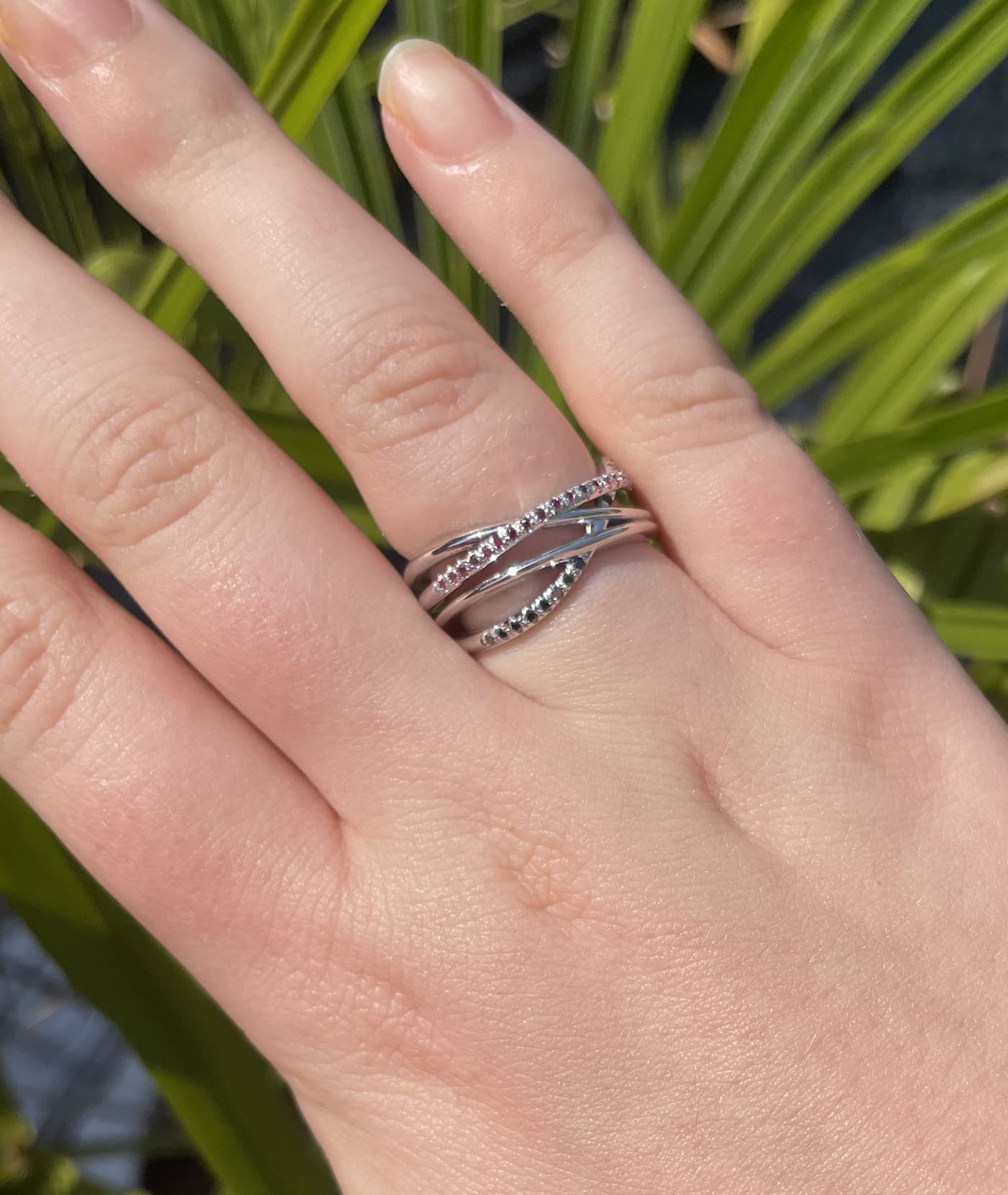 Unusual eternity rings stacked on model — handmade diamond eternity rings in London by Nude Jewellery