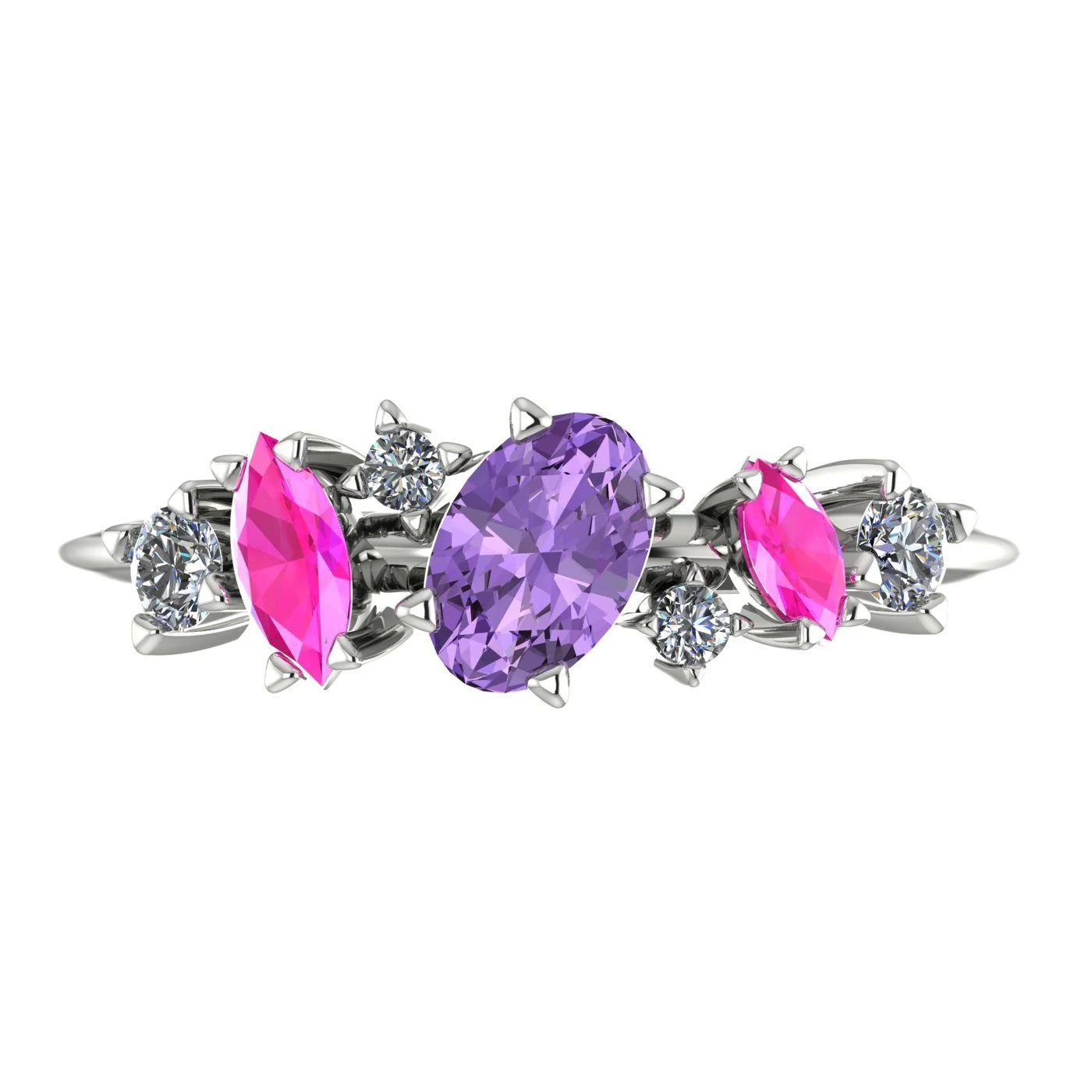 Top view of the 18ct white gold Atlantis Paradise ring featuring an asymmetrical cluster of violet and pink sapphires with diamonds.