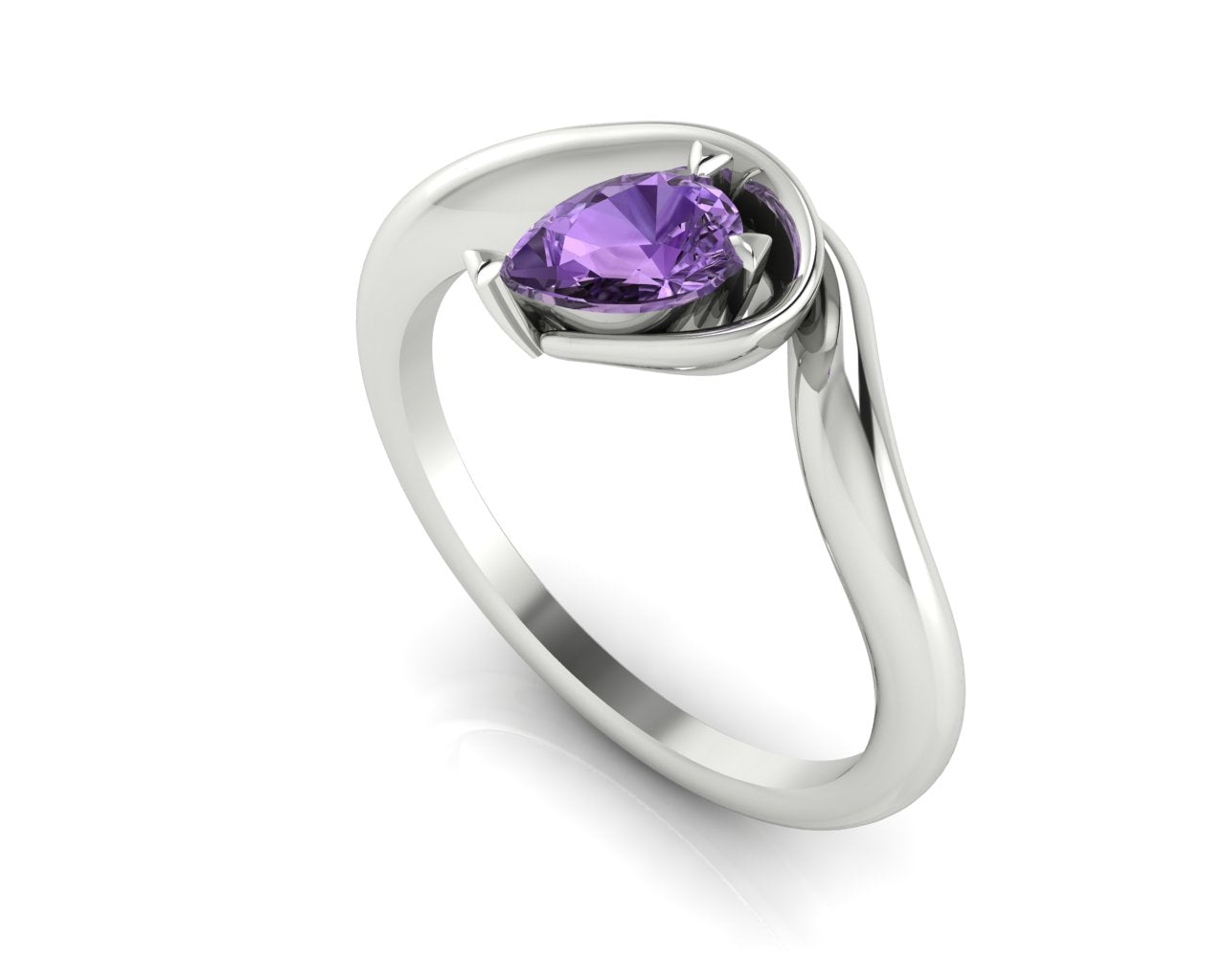 Enchanted Pear Shaped Solitaire Violet Sapphire Asymmetrical White Gold or Platinum Ring