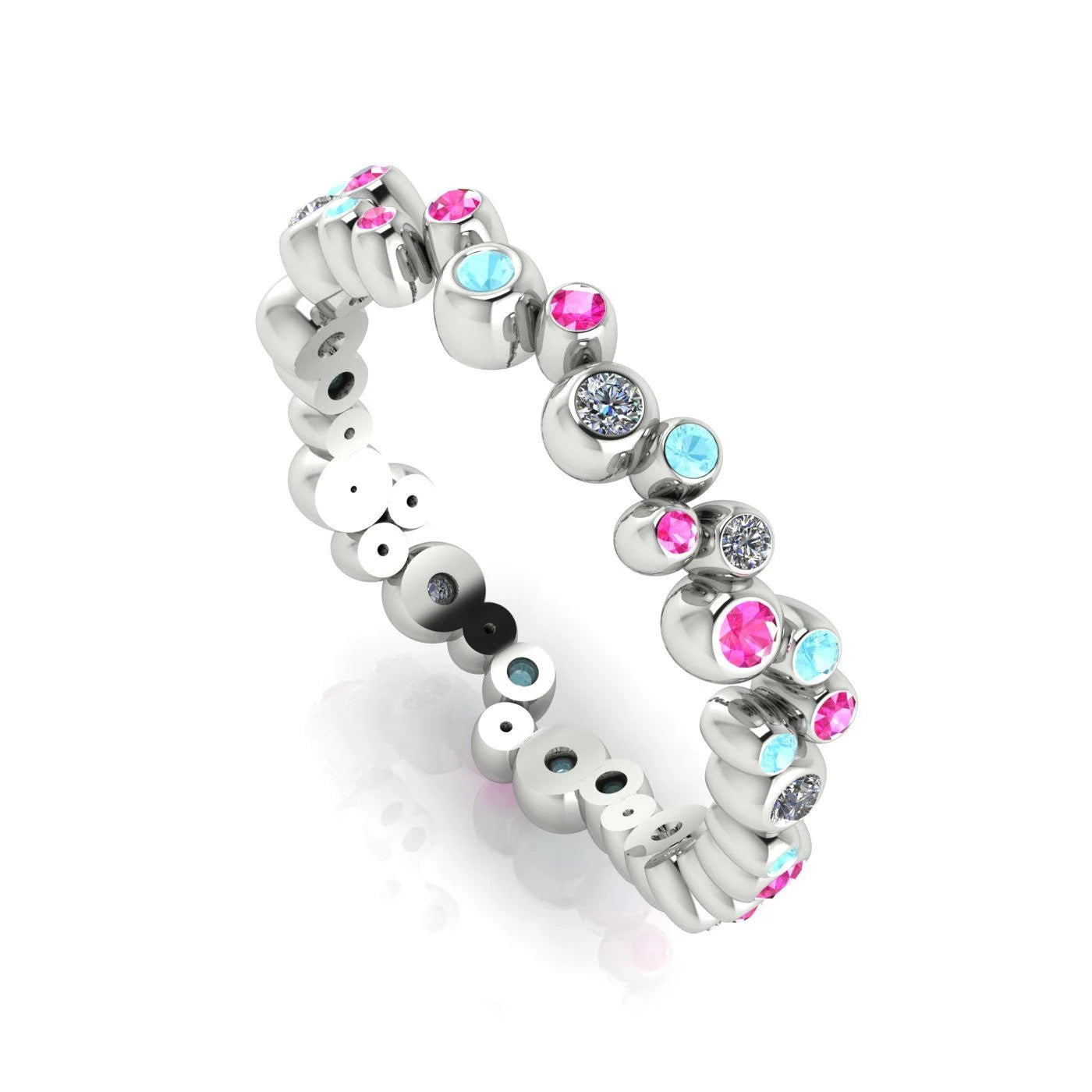 Front three-quarter studio view of the white gold bubble band, highlighting the fluid, organic arrangement of flush-set diamonds and pastel gemstones.