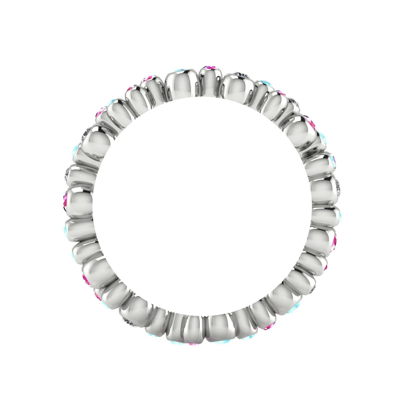 Through-finger view of the 18ct white gold eternity ring, showcasing the smooth, polished interior under-gallery and the clean, secure settings.