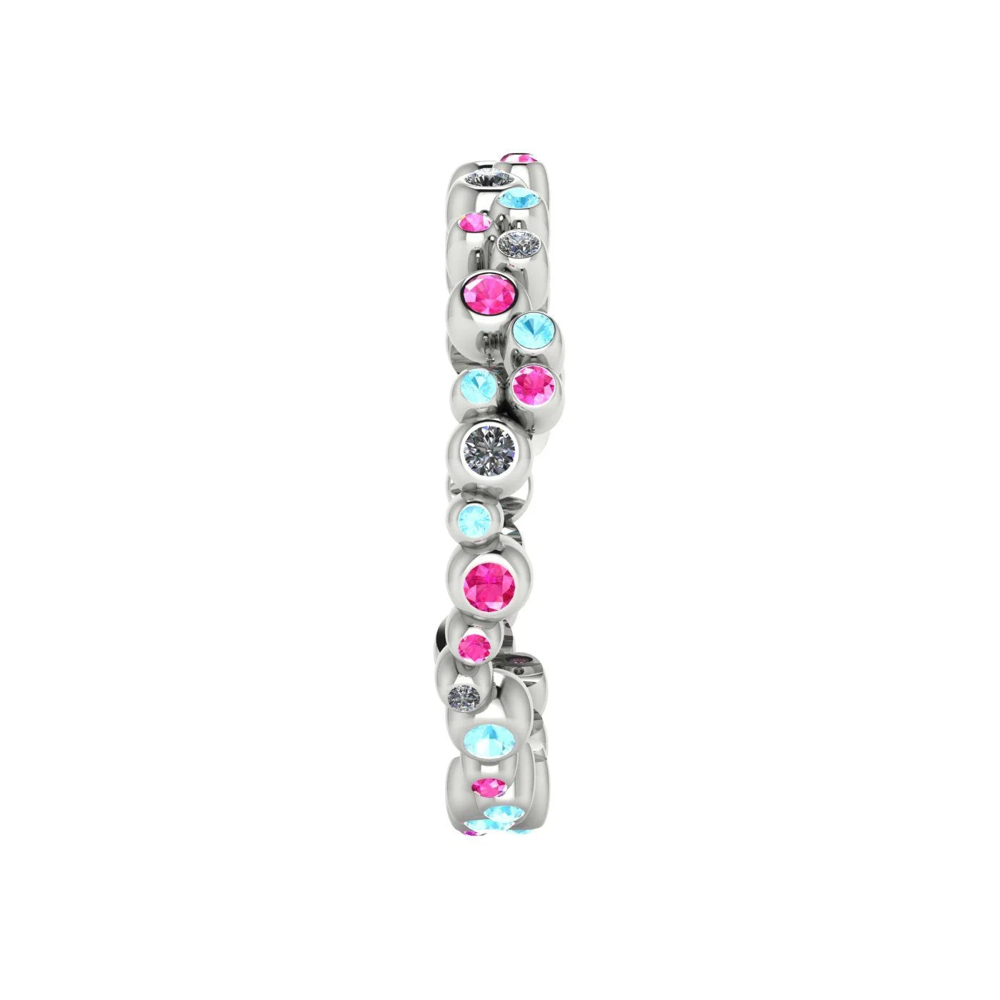 Side profile product photo of the bubble ring, showing the scalloped, comfortable contoured edges of the linked 18ct white gold circular settings.