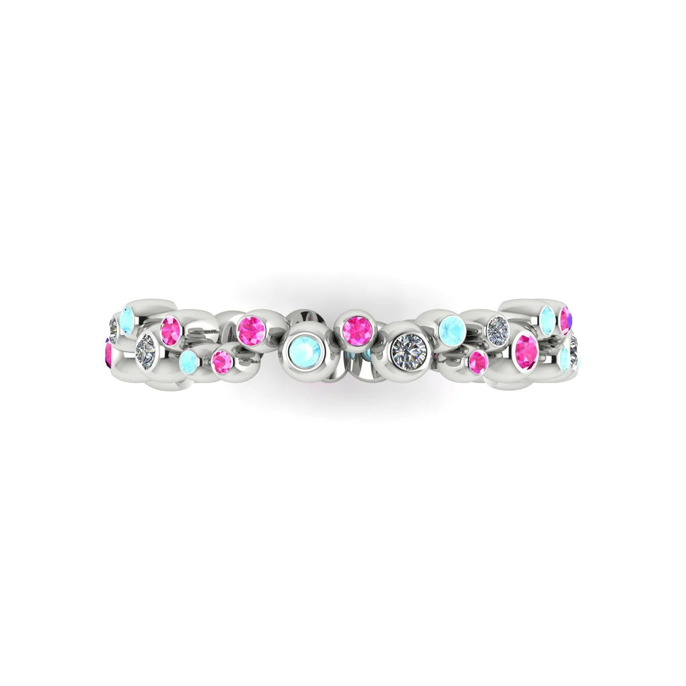 Top-down studio hero shot of the white gold alternative eternity ring, showcasing the unique linked bubble design precisely set with mixed precious gemstones.