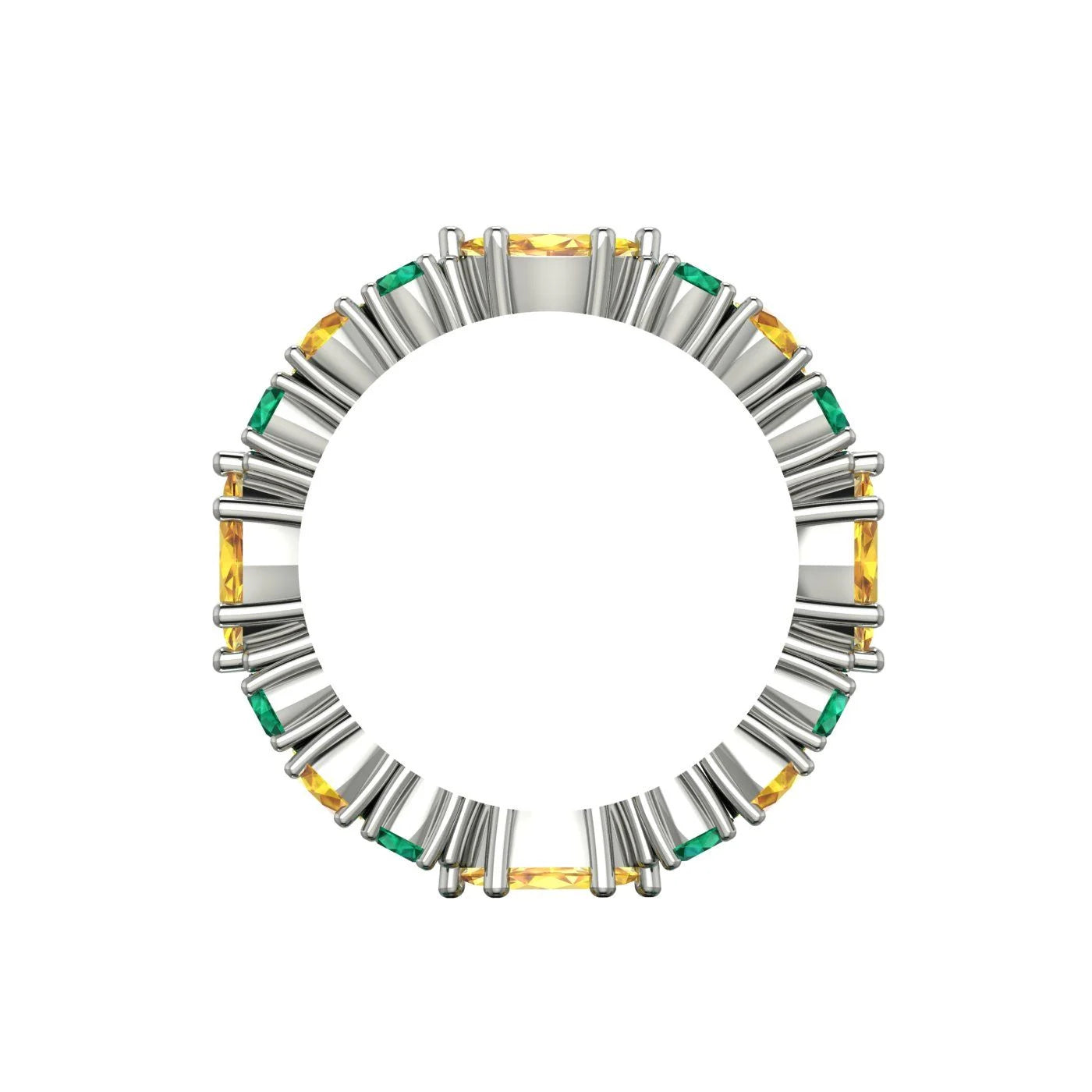 Macro detail of the Citrus Allsorts ring showcasing the marquise-cut sapphires and brilliant emeralds in a polished white metal setting.