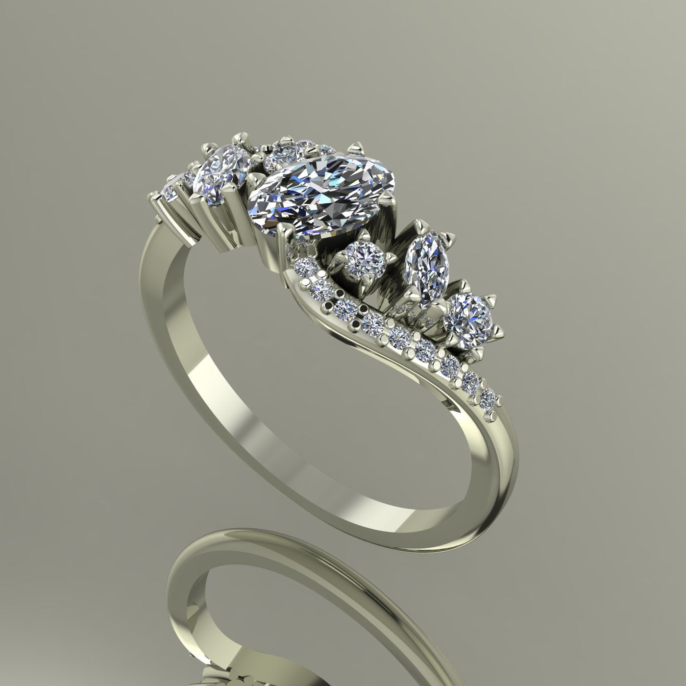 Side profile of the white gold Atlantis Storm ring, showcasing the organic wave setting and diamond arrangement.