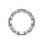 A close-up view of the Ruby and Diamond eternity ring, showcasing the ruby and diamond arrangement through finger.