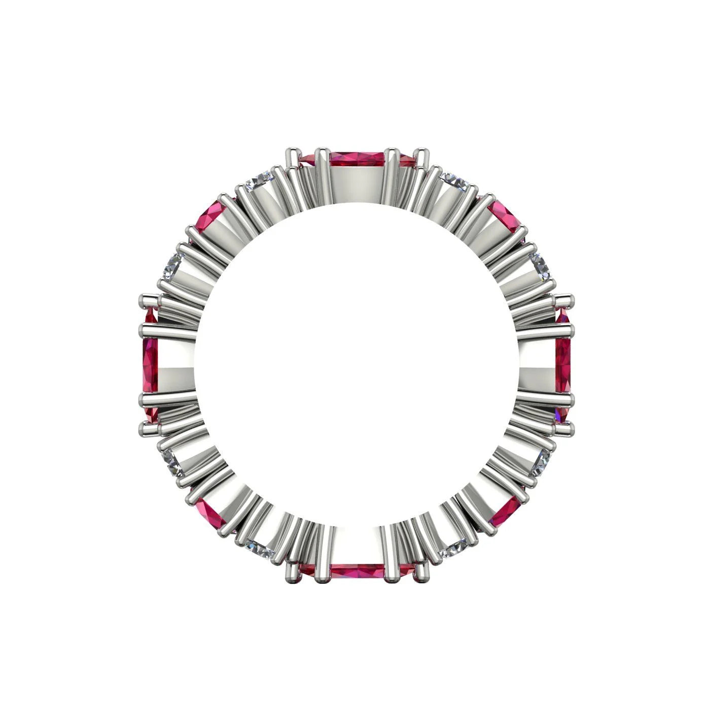 A close-up view of the Ruby and Diamond eternity ring, showcasing the ruby and diamond arrangement through finger.