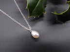 White Pearl Drop Pendant - Silver Chain