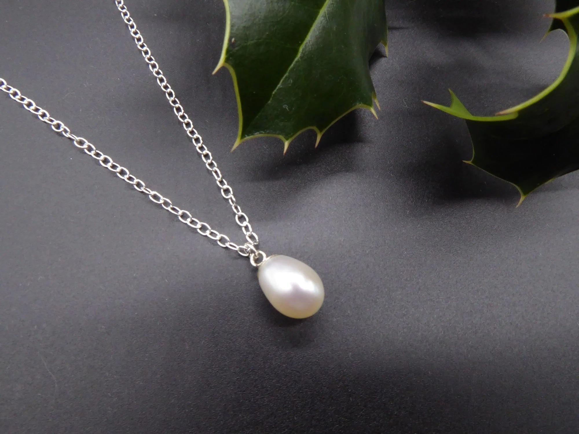 White Pearl Drop Pendant - Silver Chain