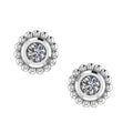 A front-facing view of the White Topaz Mini Alto earrings, featuring high-polished recycled silver geometric frames set with sparkling round white topaz gemstones.