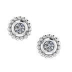 A front-facing view of the White Topaz Mini Alto earrings, featuring high-polished recycled silver geometric frames set with sparkling round white topaz gemstones.