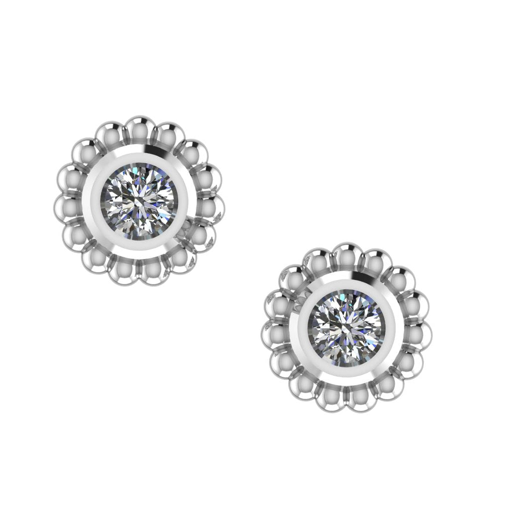 A front-facing view of the White Topaz Mini Alto earrings, featuring high-polished recycled silver geometric frames set with sparkling round white topaz gemstones.