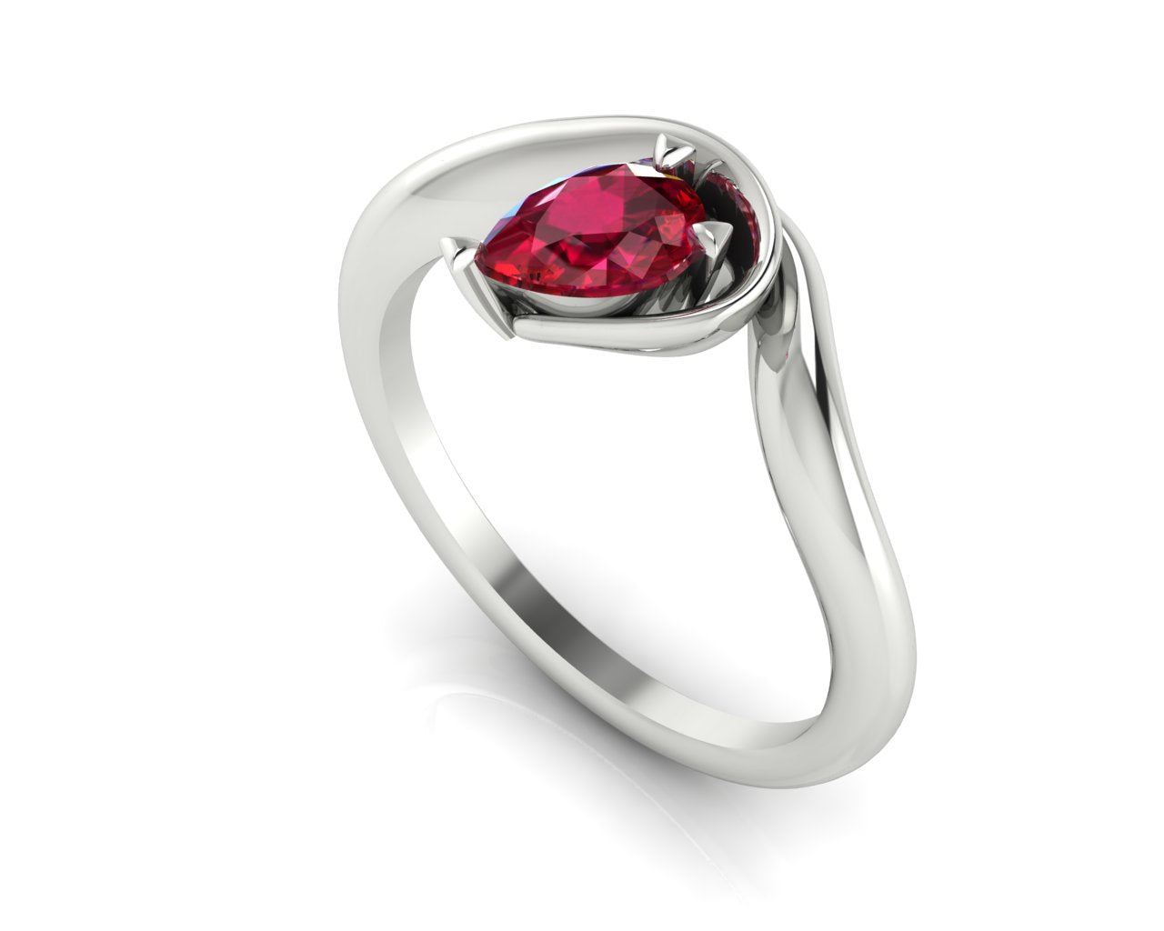 Enchanted Pear Shaped Solitaire Ruby Asymmetrical White Gold or Platinum Ring