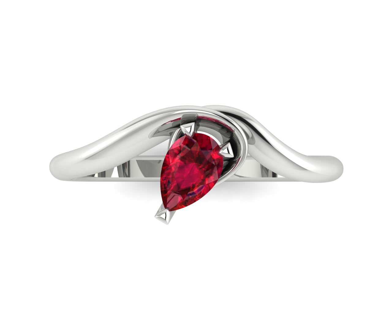 Enchanted Pear Shaped Solitaire Ruby Asymmetrical White Gold or Platinum Ring